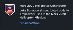 A popover from the GitHub website that says that my contribution to Bootstrap was used as part of the Mars 2020 helicopter mission
